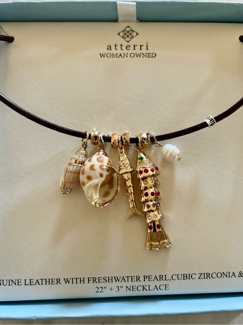 Atterri Coastal Chic Leather Necklace - Brown with Gold & Pearl Accents - Picture 8 of 13